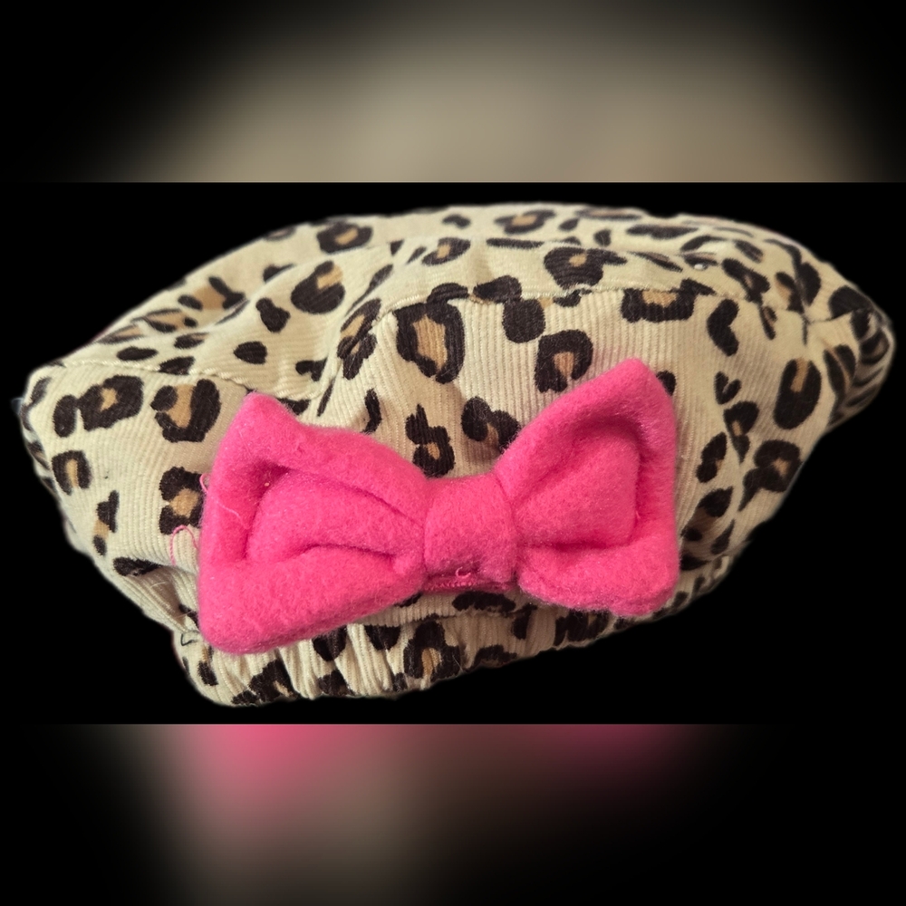 3T Leopard Print Beret with Pink Bow